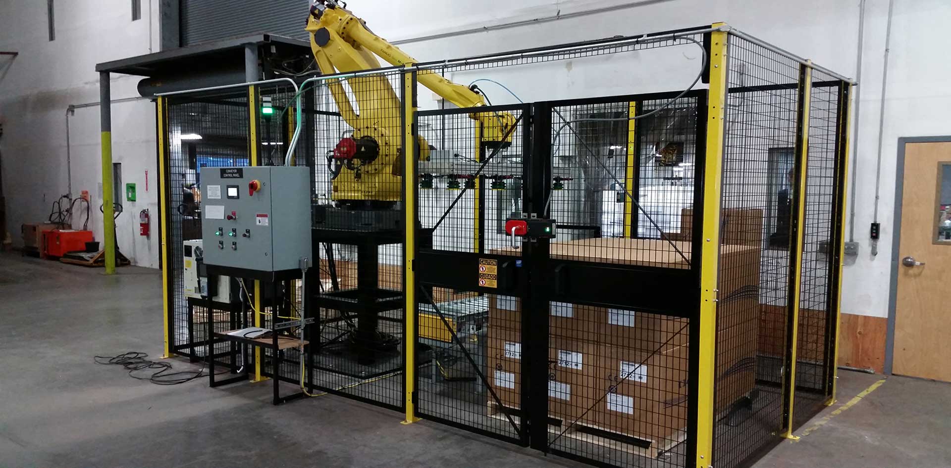 Conveyor integrated with robot palletizing cell